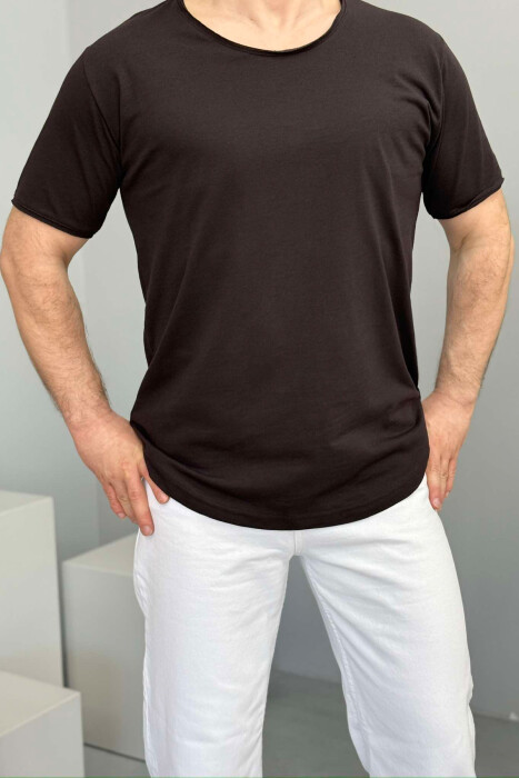 ROUND NECK ONE COLOR MEN T-SHIRT DARK BROWN/KAE 