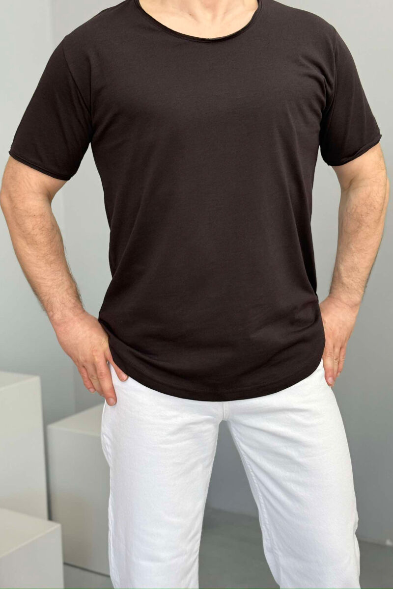 ROUND NECK ONE COLOR MEN T-SHIRT DARK BROWN/KAE - 1
