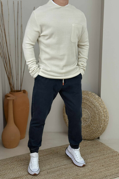 ROUND NECK ONE COLOR POCKET DETAIL MEN SWEATER CREAM/KREM - 1