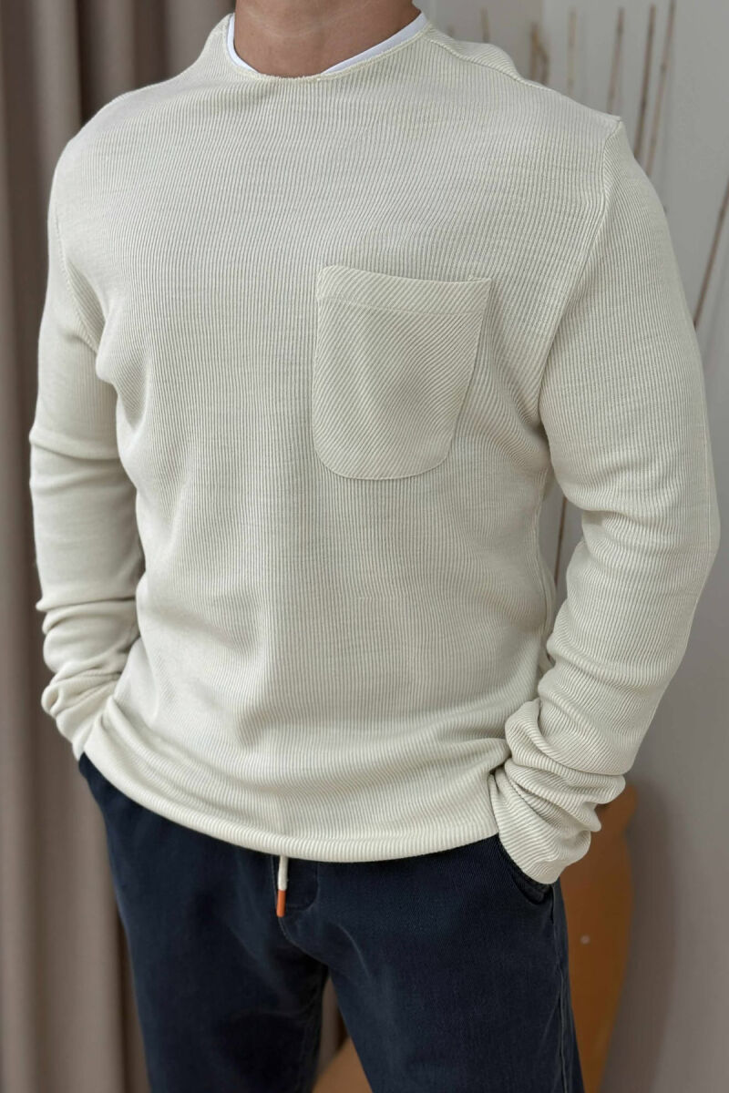 ROUND NECK ONE COLOR POCKET DETAIL MEN SWEATER CREAM/KREM - 2