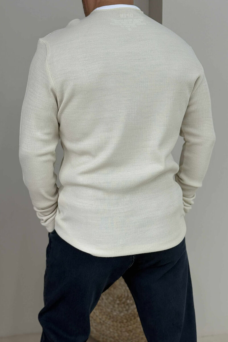 ROUND NECK ONE COLOR POCKET DETAIL MEN SWEATER CREAM/KREM - 3