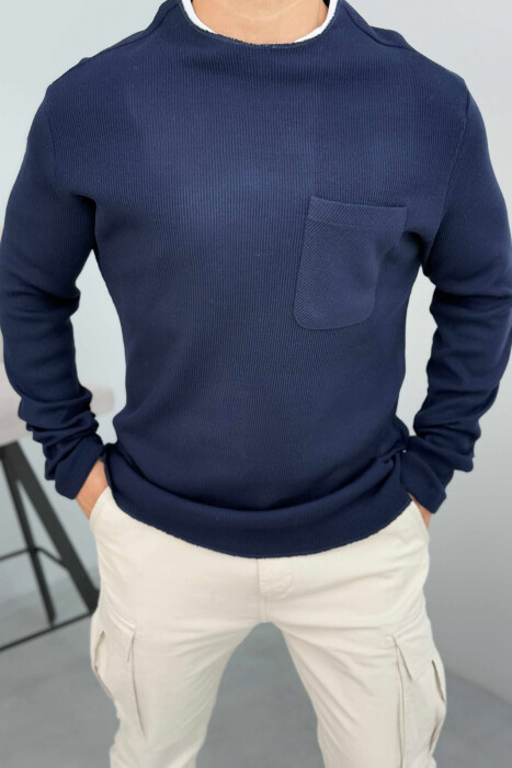 ROUND NECK ONE COLOR POCKET DETAIL MEN SWEATER DARK BLUE/BEE - 3