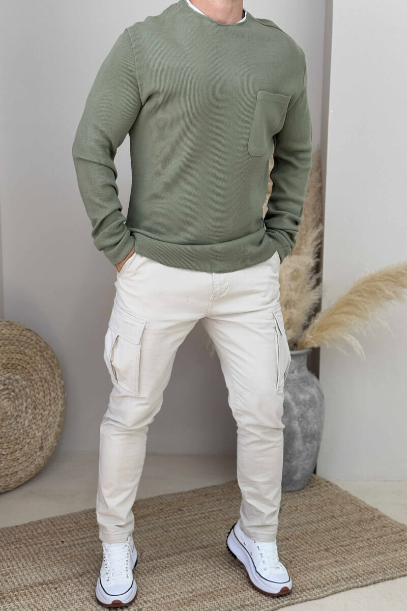 ROUND NECK ONE COLOR POCKET DETAIL MEN SWEATER GREEN/JESHILE - 1