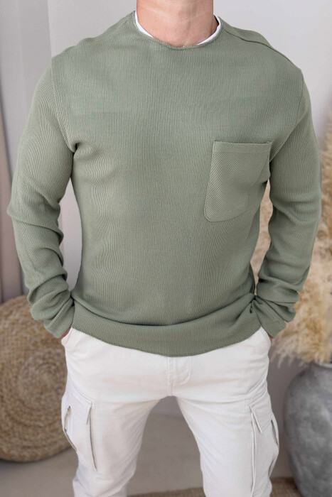 ROUND NECK ONE COLOR POCKET DETAIL MEN SWEATER GREEN/JESHILE - 3