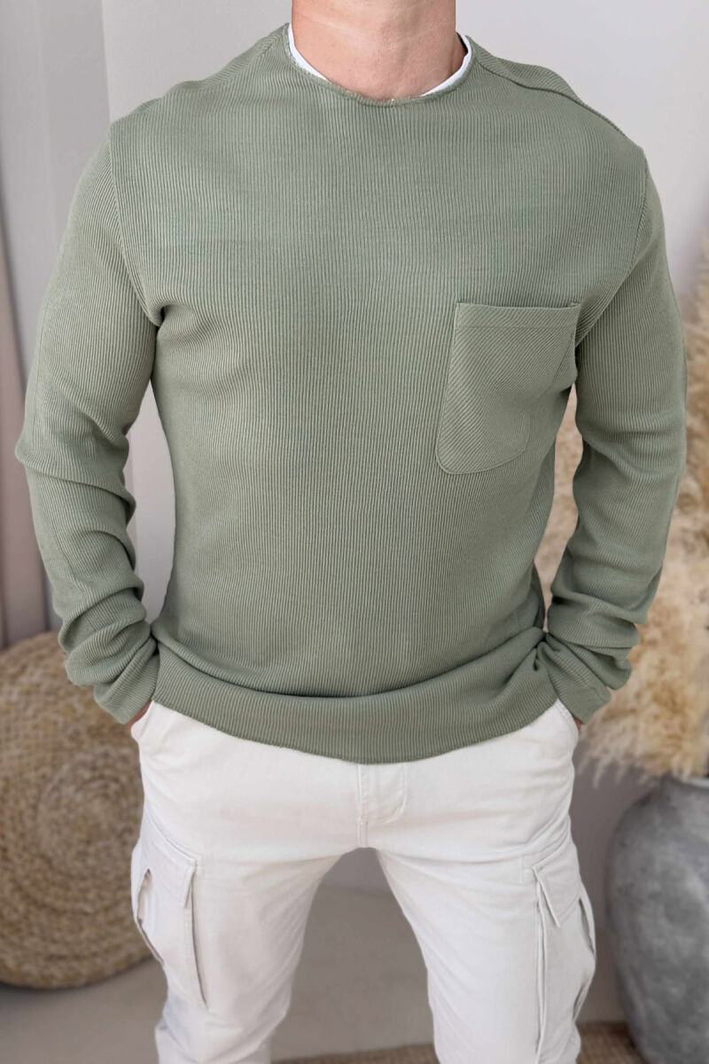 ROUND NECK ONE COLOR POCKET DETAIL MEN SWEATER GREEN/JESHILE - 3