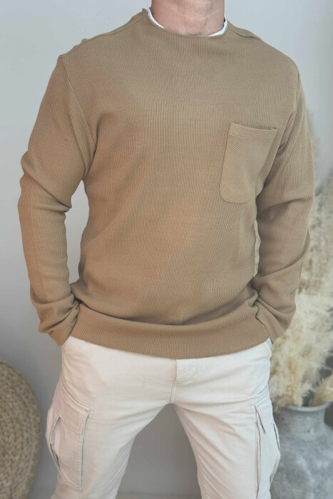 ROUND NECK ONE COLOR POCKET DETAIL MEN SWEATER LIGHT BROWN/KAZB - 3