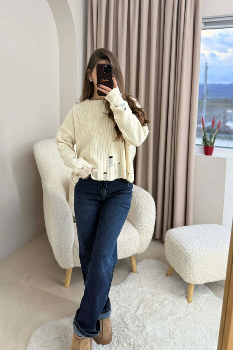 ROUND NECK ONE COLOR RIPPED WOMEN SWEATER BEIGE/BEZHE 