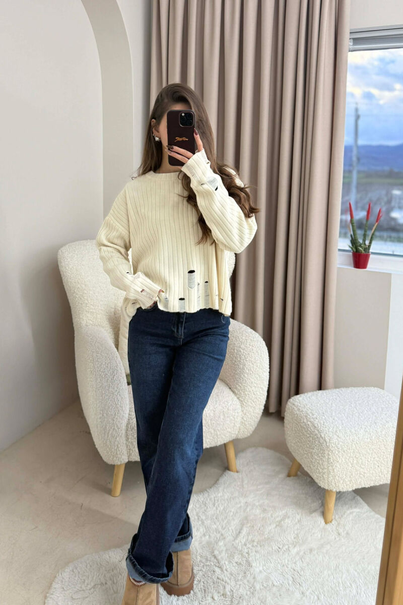 ROUND NECK ONE COLOR RIPPED WOMEN SWEATER BEIGE/BEZHE - 1