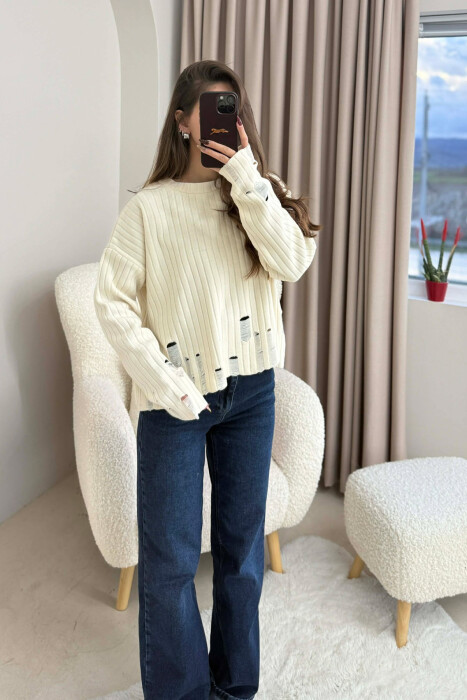 ROUND NECK ONE COLOR RIPPED WOMEN SWEATER BEIGE/BEZHE - 4