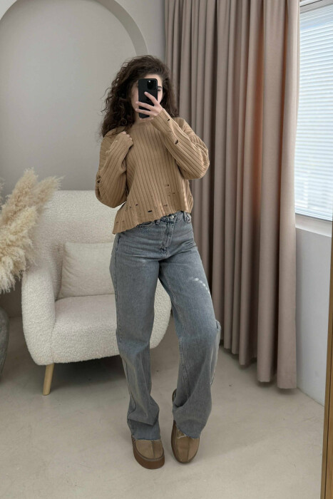 ROUND NECK ONE COLOR RIPPED WOMEN SWEATER BROWN/KAFE - 