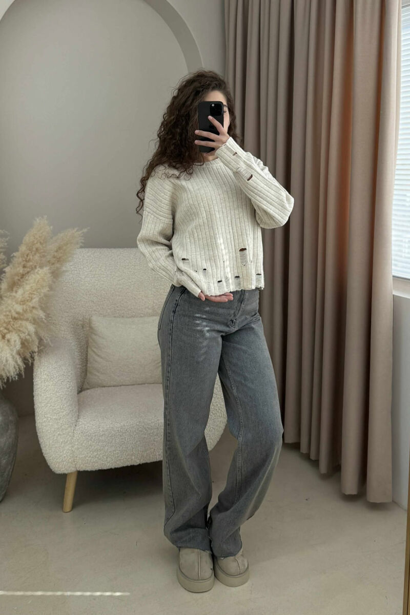 ROUND NECK ONE COLOR RIPPED WOMEN SWEATER CREAM/KREM - 1