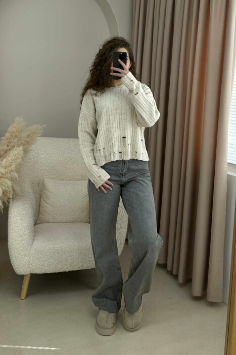 ROUND NECK ONE COLOR RIPPED WOMEN SWEATER CREAM/KREM - 2