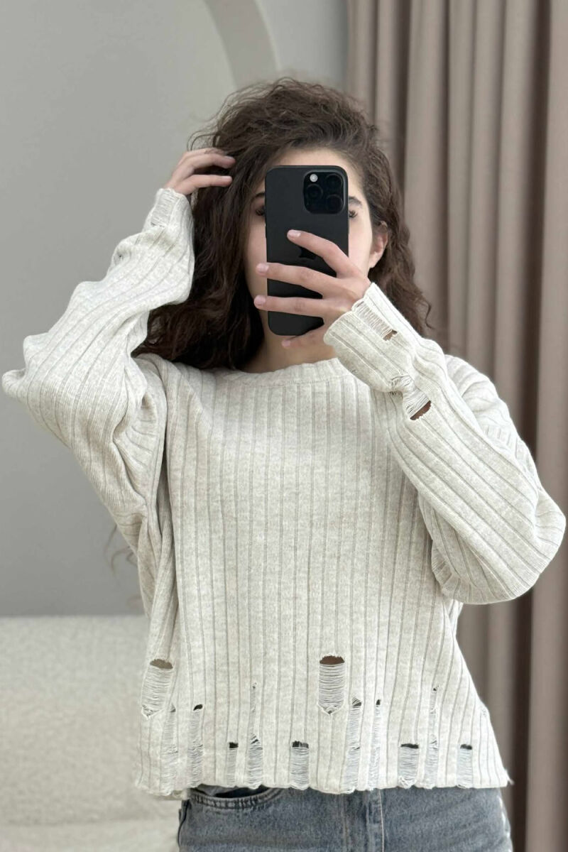 ROUND NECK ONE COLOR RIPPED WOMEN SWEATER CREAM/KREM - 3