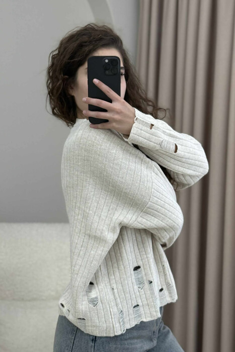 ROUND NECK ONE COLOR RIPPED WOMEN SWEATER CREAM/KREM - 4