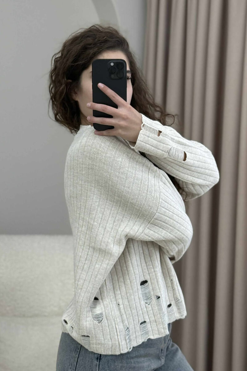 ROUND NECK ONE COLOR RIPPED WOMEN SWEATER CREAM/KREM - 4