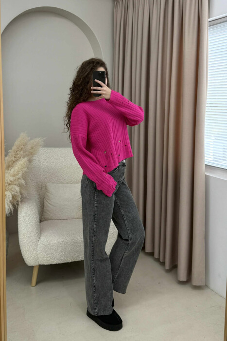 ROUND NECK ONE COLOR RIPPED WOMEN SWEATER FUCHSIA/CIKLAMI - 2