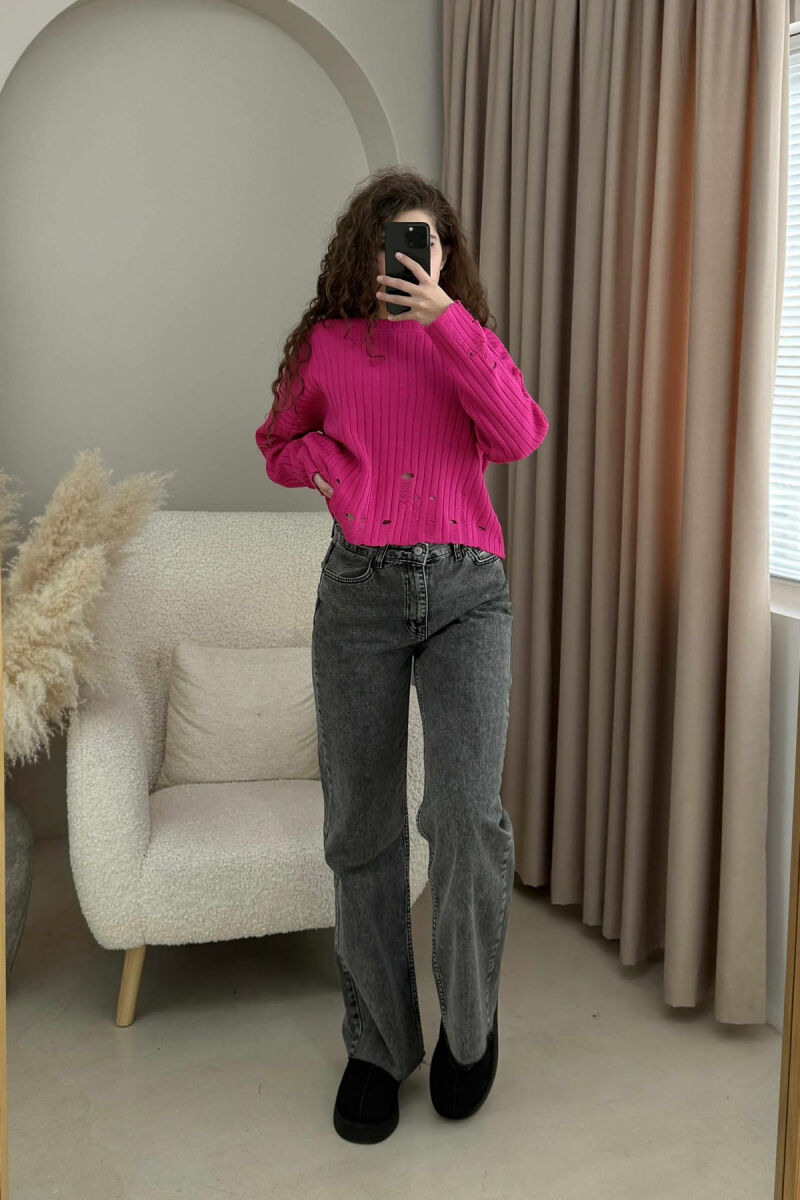 ROUND NECK ONE COLOR RIPPED WOMEN SWEATER FUCHSIA/CIKLAMI - 1