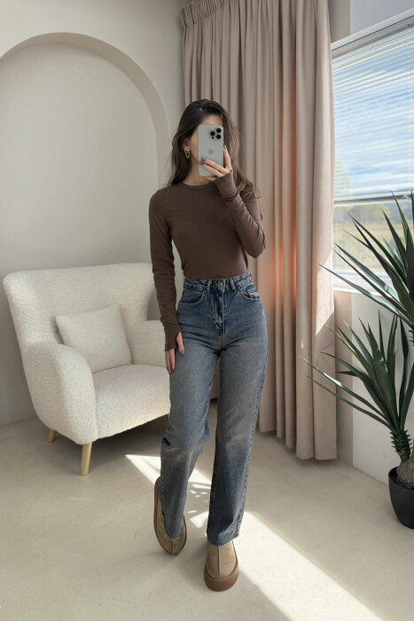 ROUND NECK ONE COLOR SIMPLE WOMEN SWEATSHIRT BROWN/KAFE 