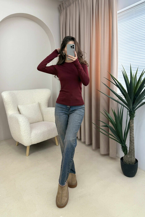 ROUND NECK ONE COLOR SIMPLE WOMEN SWEATSHIRT BURGUNDY/VISHNJE - 1