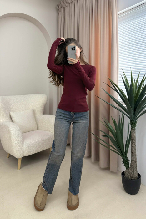 ROUND NECK ONE COLOR SIMPLE WOMEN SWEATSHIRT BURGUNDY/VISHNJE - 2