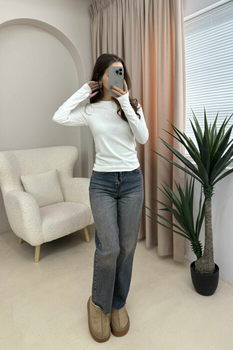 ROUND NECK ONE COLOR SIMPLE WOMEN SWEATSHIRT CREAM/KREM 