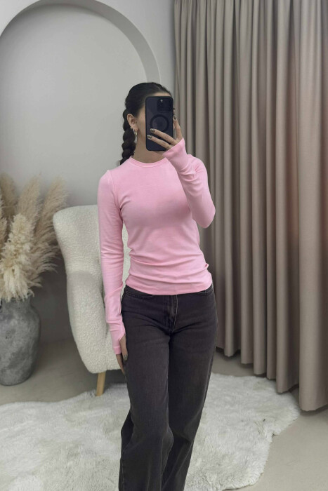 ROUND NECK ONE COLOR SIMPLE WOMEN SWEATSHIRT PINK/ROZE 