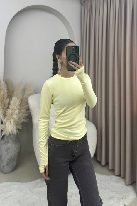 ROUND NECK ONE COLOR SIMPLE WOMEN SWEATSHIRT YELLOW/E VERDHE 