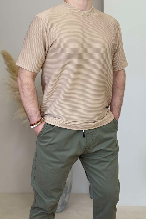 ROUND NECK ONE COLOR TEXTURED MEN T-SHIRT BEIGE/BEZHE 