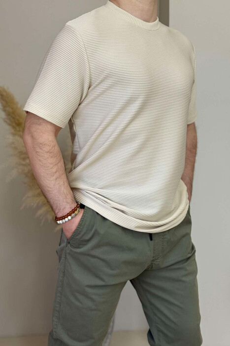 ROUND NECK ONE COLOR TEXTURED MEN T-SHIRT CREAM/KREM - 2