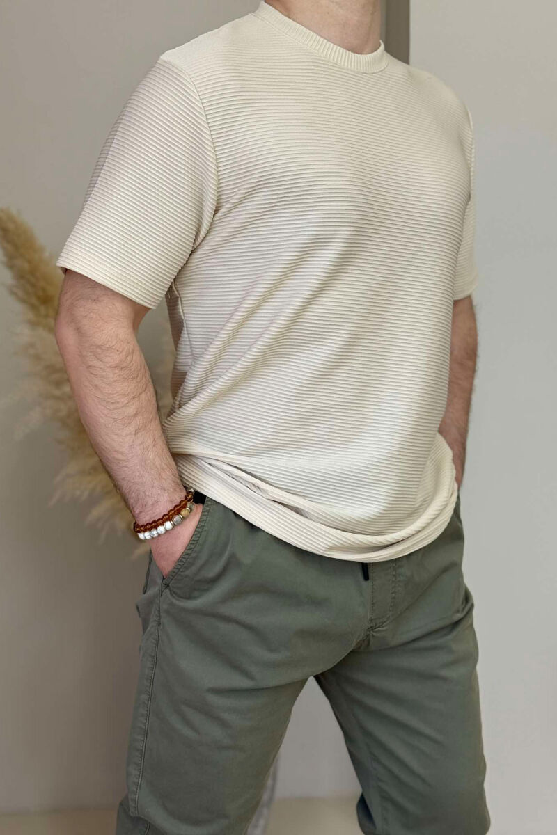 ROUND NECK ONE COLOR TEXTURED MEN T-SHIRT CREAM/KREM - 2