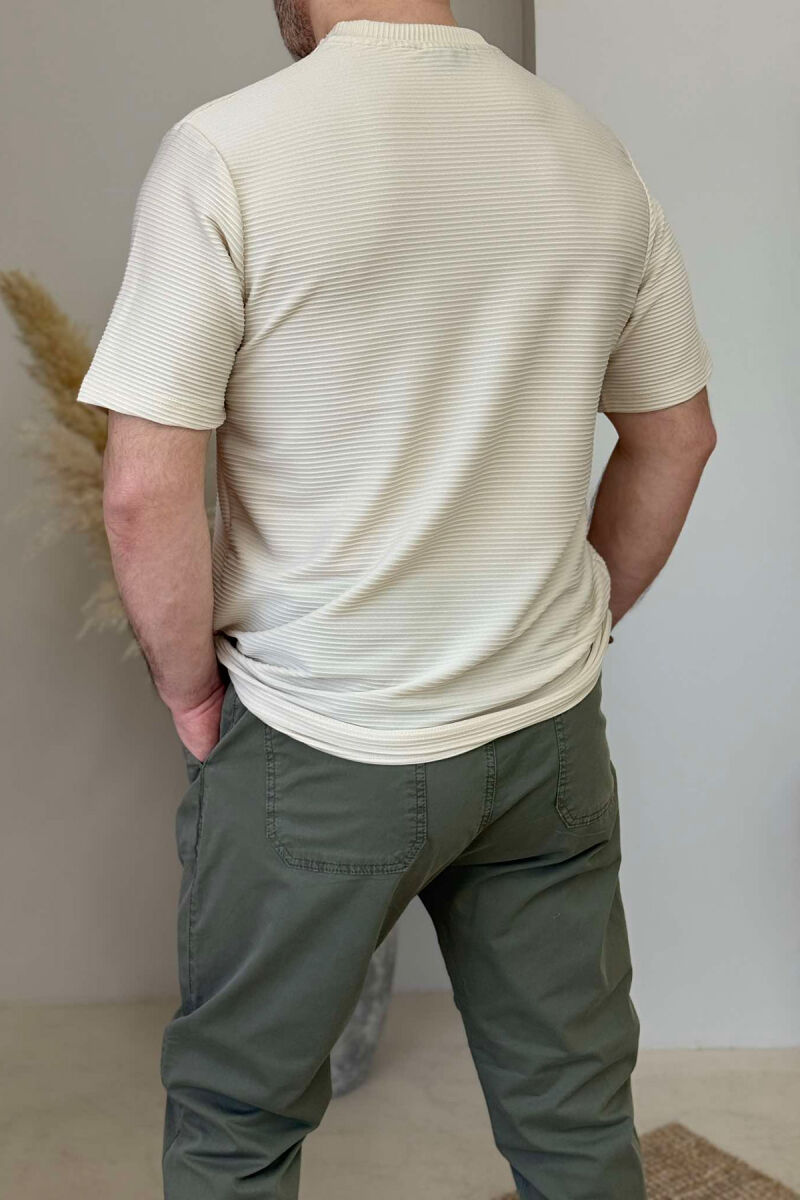 ROUND NECK ONE COLOR TEXTURED MEN T-SHIRT CREAM/KREM - 3
