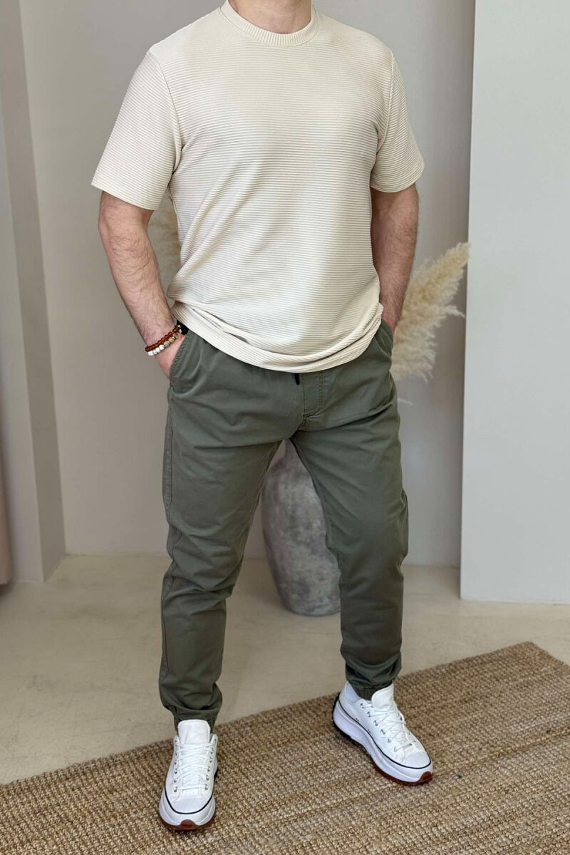 ROUND NECK ONE COLOR TEXTURED MEN T-SHIRT CREAM/KREM - 4