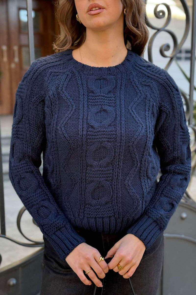 ROUND NECK ONE COLOR WOMAN SWEATER DARK BLUE/BEE - 4