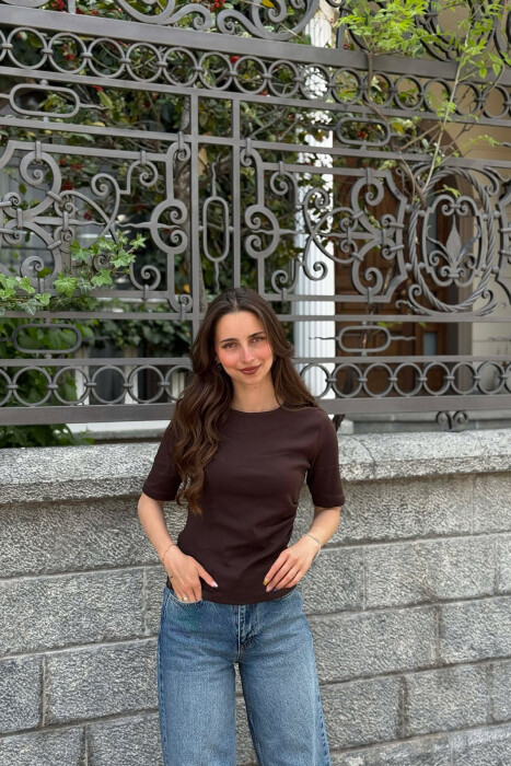 ROUND NECK ONE COLOR WOMAN T-SHIRT DARK BROWN/KAE - 1