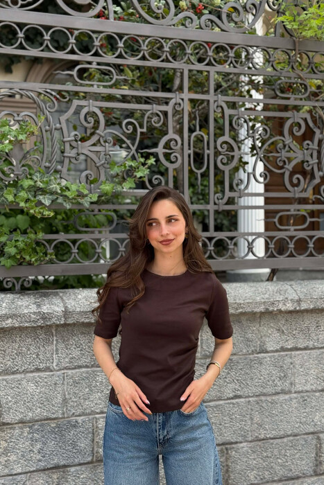 ROUND NECK ONE COLOR WOMAN T-SHIRT DARK BROWN/KAE - 3