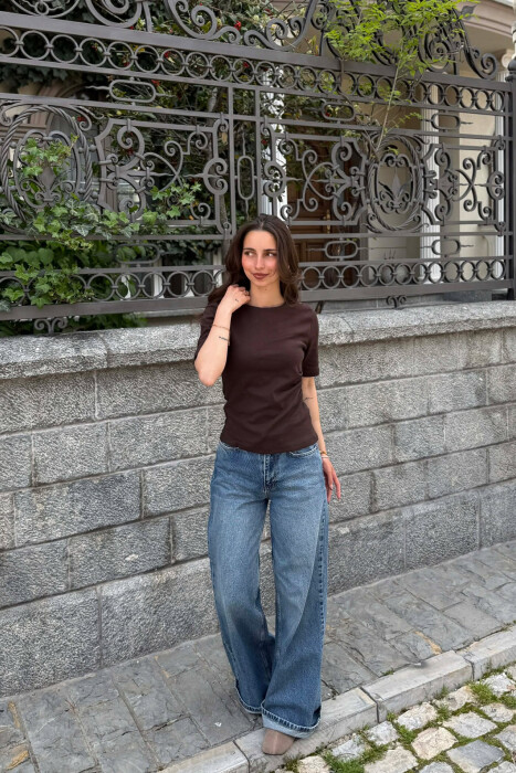 ROUND NECK ONE COLOR WOMAN T-SHIRT DARK BROWN/KAE - 5