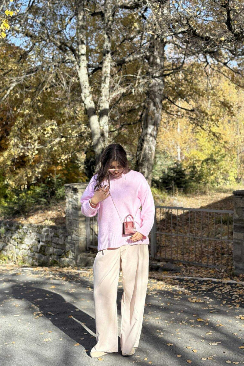 ROUND NECK ONE COLOR WOMEN SWEATER BABY PINK/ROZB - 2