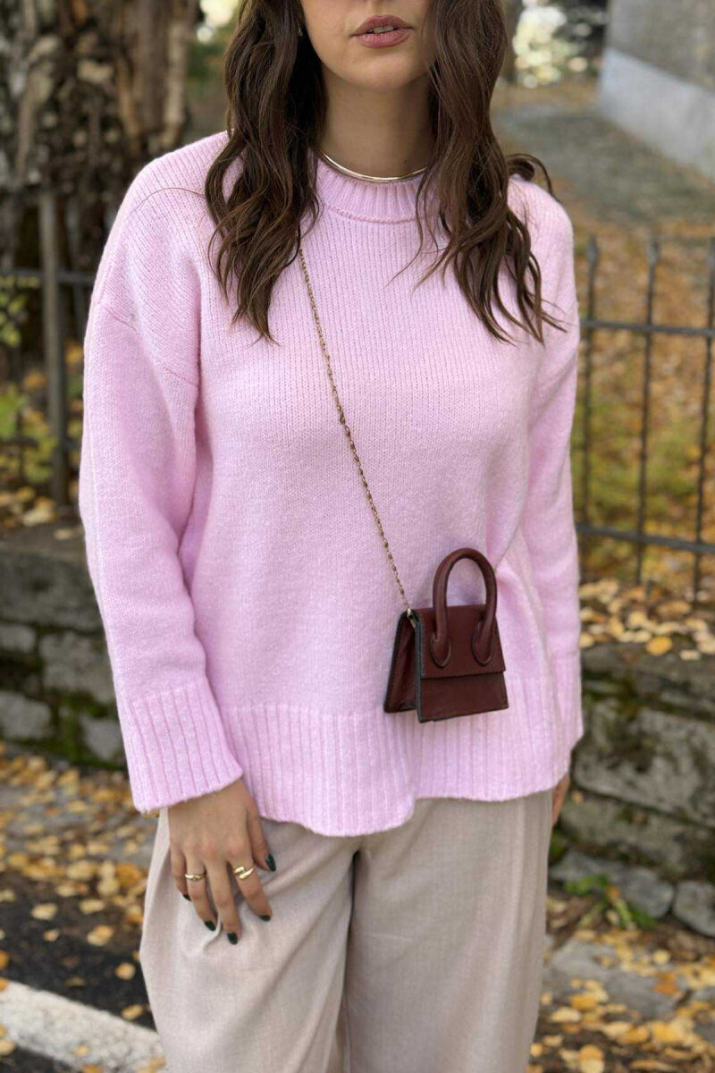 ROUND NECK ONE COLOR WOMEN SWEATER BABY PINK/ROZB - 7