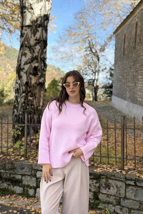 ROUND NECK ONE COLOR WOMEN SWEATER BABY PINK/ROZB - 3