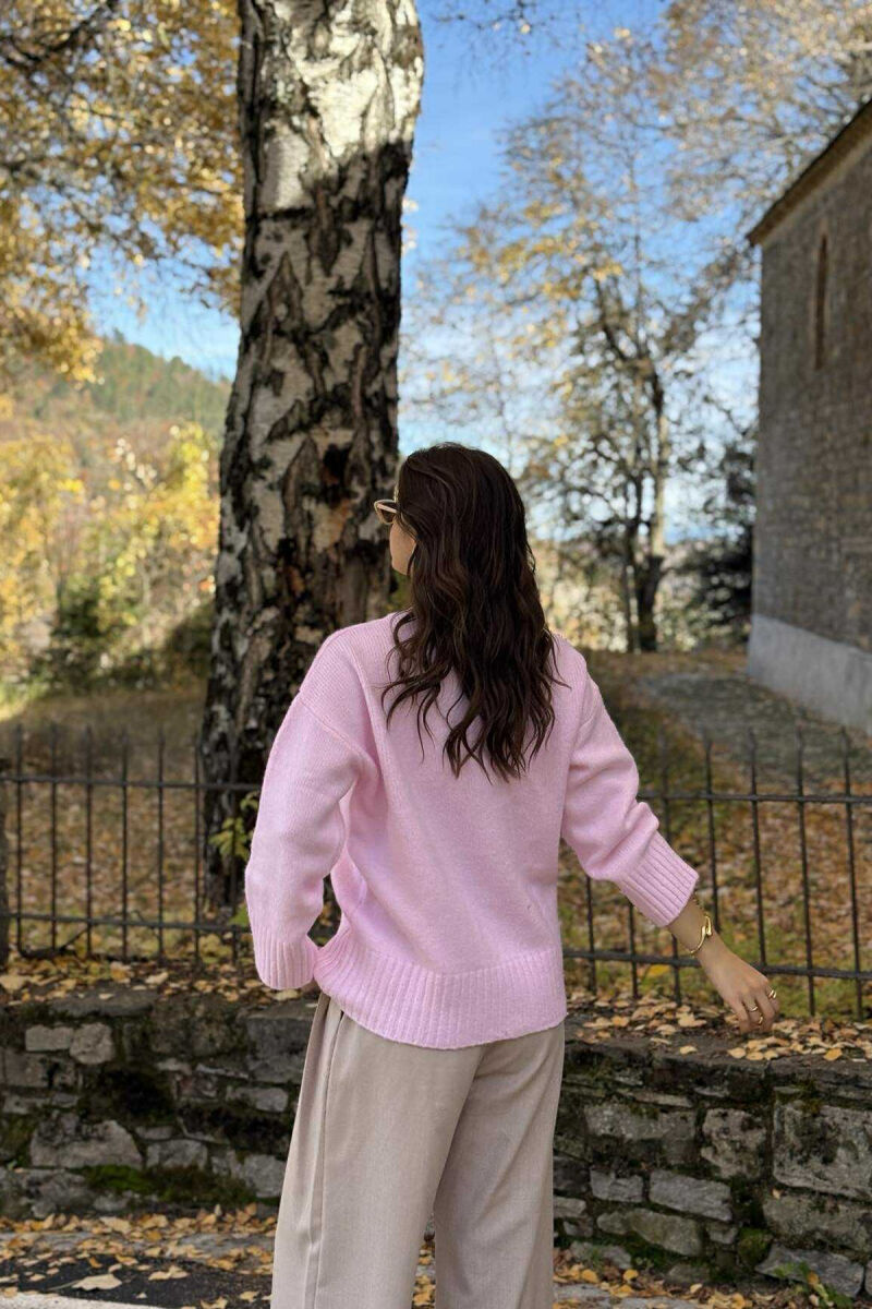 ROUND NECK ONE COLOR WOMEN SWEATER BABY PINK/ROZB - 6