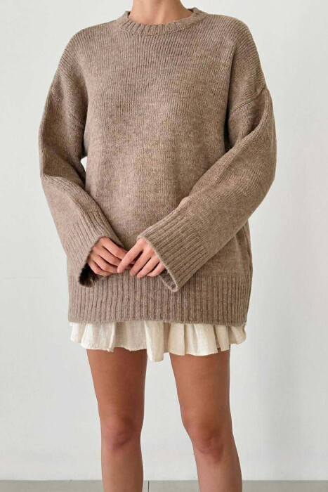 ROUND NECK ONE COLOR WOMEN SWEATER BEIGE/BEZHE 