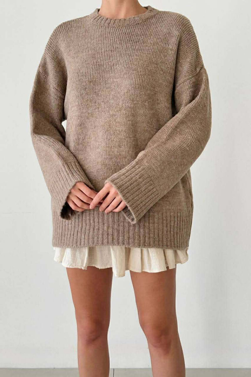 ROUND NECK ONE COLOR WOMEN SWEATER BEIGE/BEZHE - 1