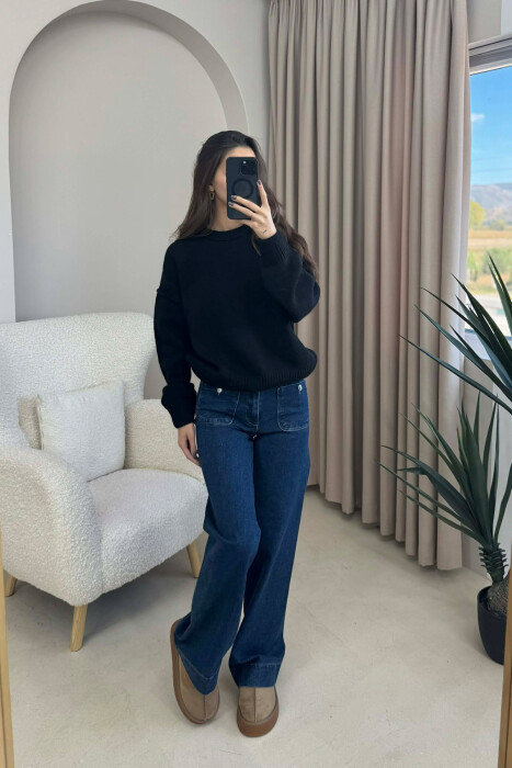 ROUND NECK ONE COLOR WOMEN SWEATER BLACK/ E ZEZE - 1