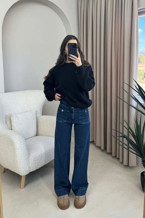 ROUND NECK ONE COLOR WOMEN SWEATER BLACK/ E ZEZE - 2