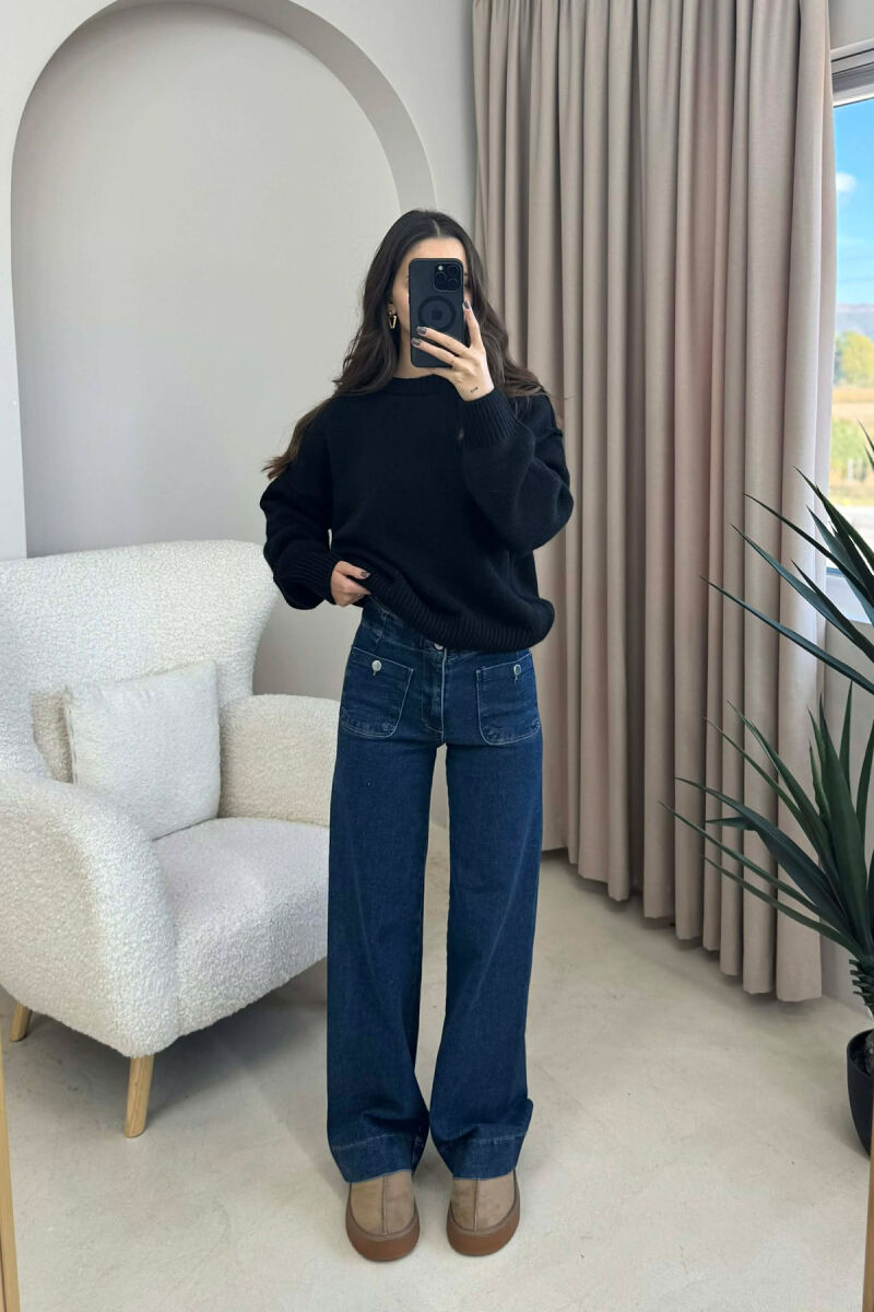 ROUND NECK ONE COLOR WOMEN SWEATER BLACK/ E ZEZE - 2