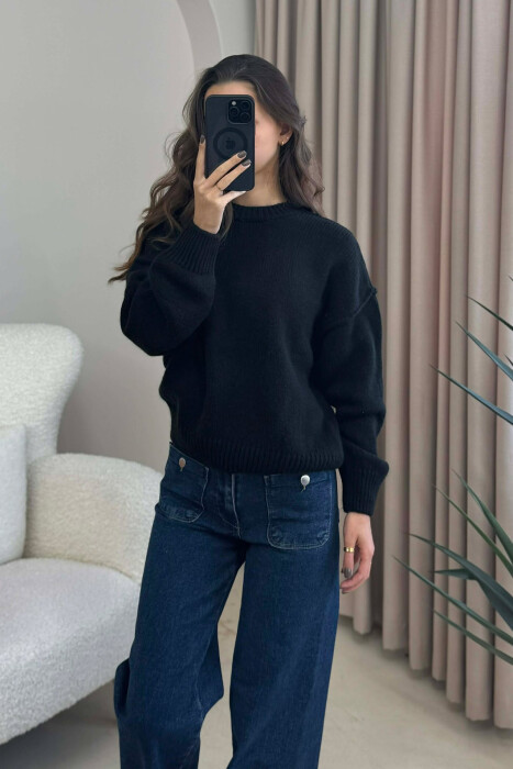 ROUND NECK ONE COLOR WOMEN SWEATER BLACK/ E ZEZE - 3