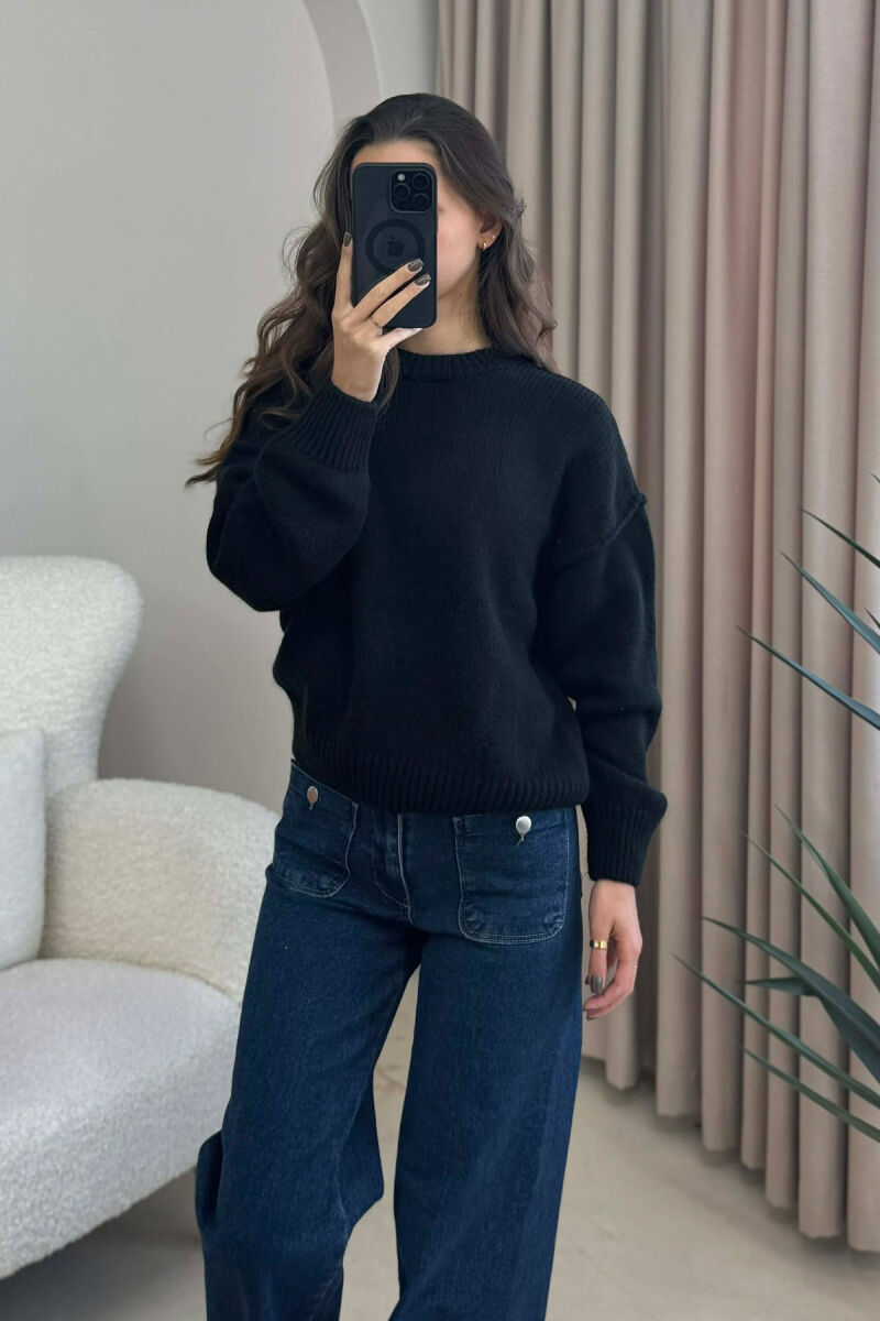 ROUND NECK ONE COLOR WOMEN SWEATER BLACK/ E ZEZE - 3