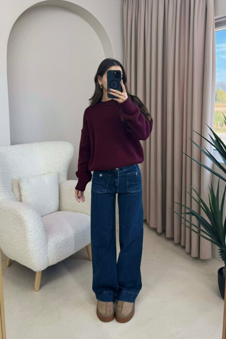 ROUND NECK ONE COLOR WOMEN SWEATER BURGUNDY/VISHNJE 