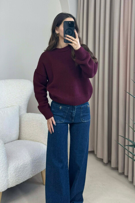ROUND NECK ONE COLOR WOMEN SWEATER BURGUNDY/VISHNJE - 2