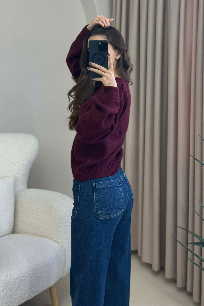 ROUND NECK ONE COLOR WOMEN SWEATER BURGUNDY/VISHNJE - 3